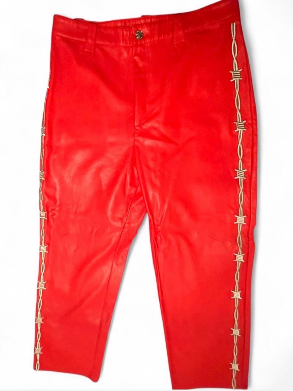Fashion Brand Company Red Faux Leather Pants with Silver Trim